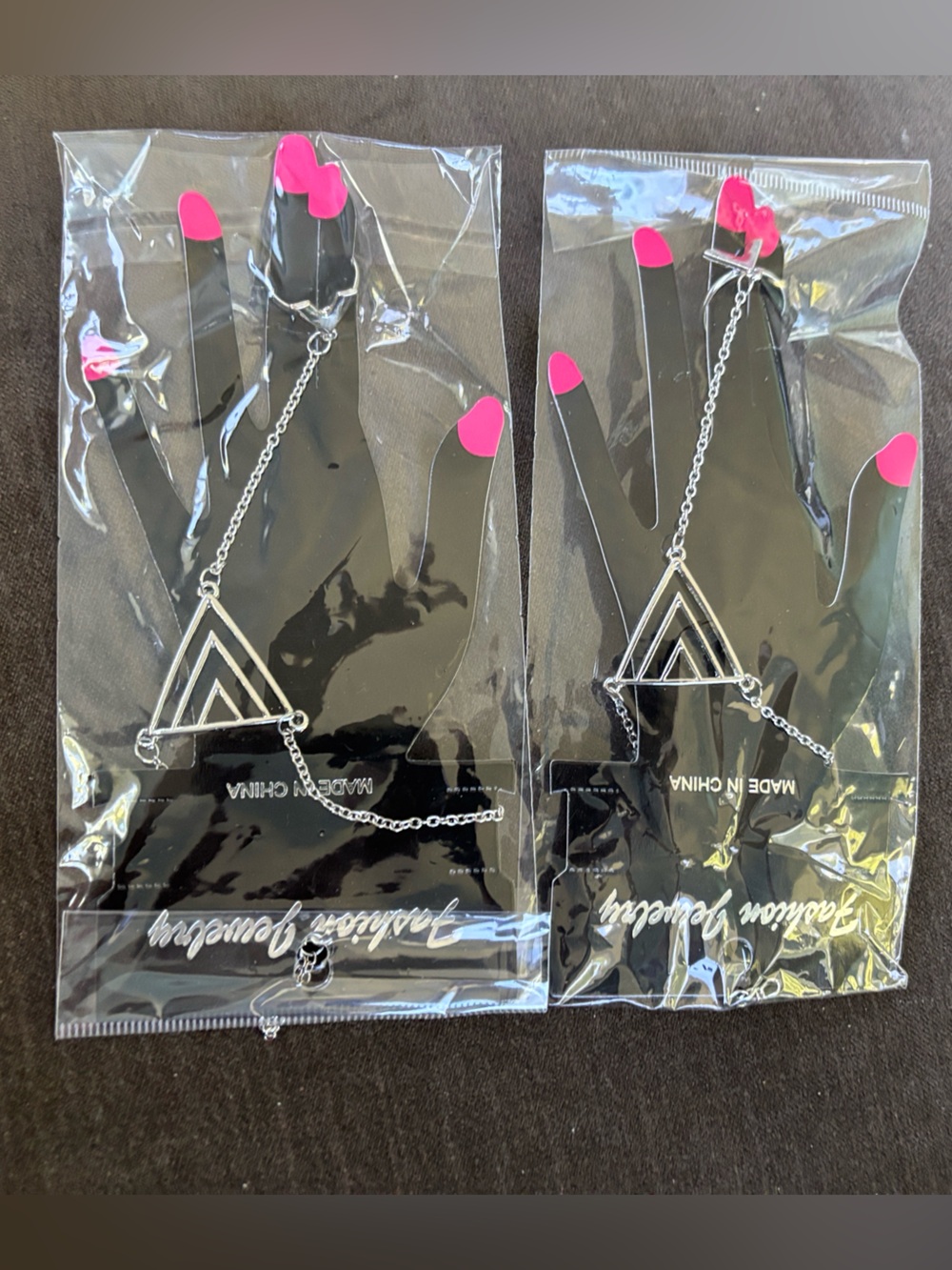 2-Pack NEW NIP NWT Silvertone Triangle Hand Chain BRACELET RING COMBO Adjustable